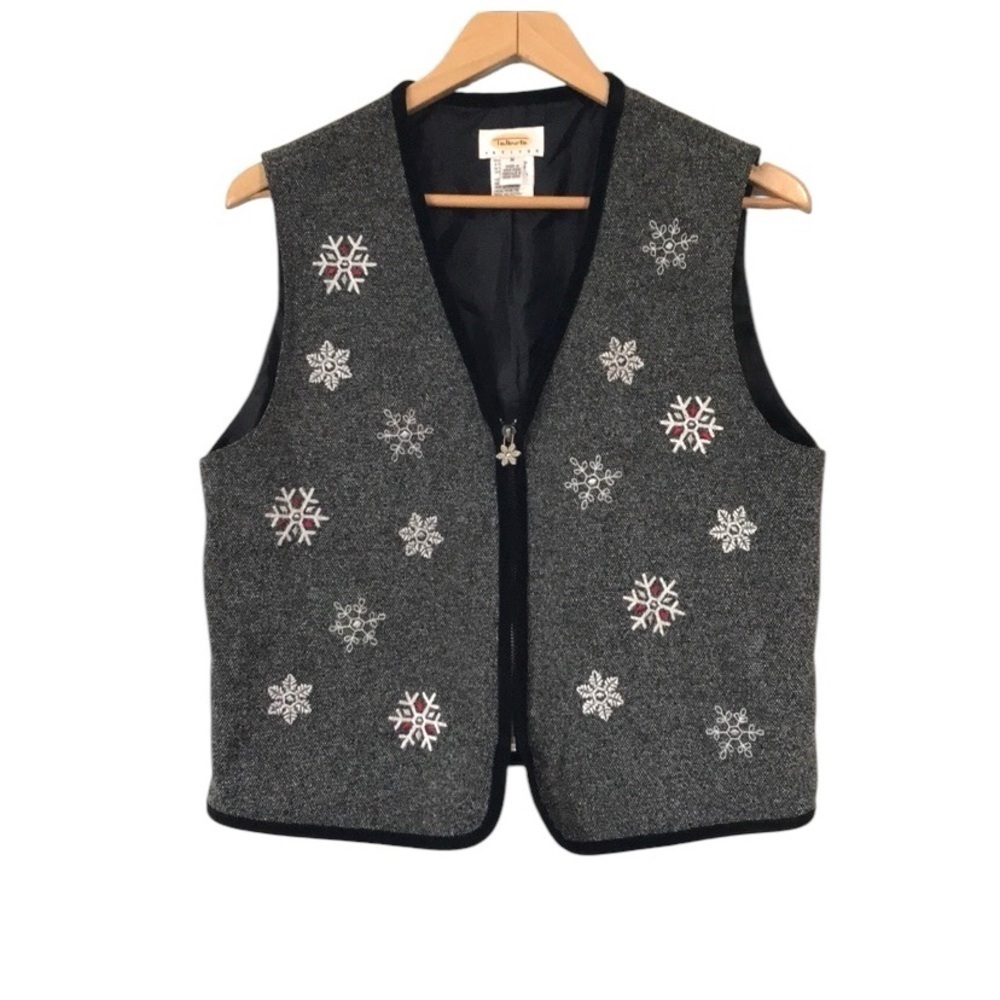 Vintage Talbots Full zip V-neck snowflake tweed sweater vest black white Medium